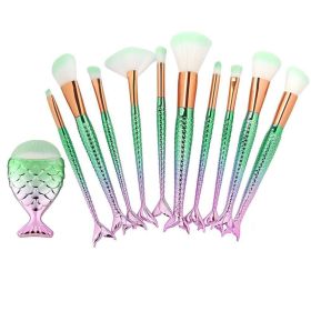 11Pcs Mermaid Makeup Brush Face Eyebrow Lip Eyeliner Brush Green Gold Tool Set